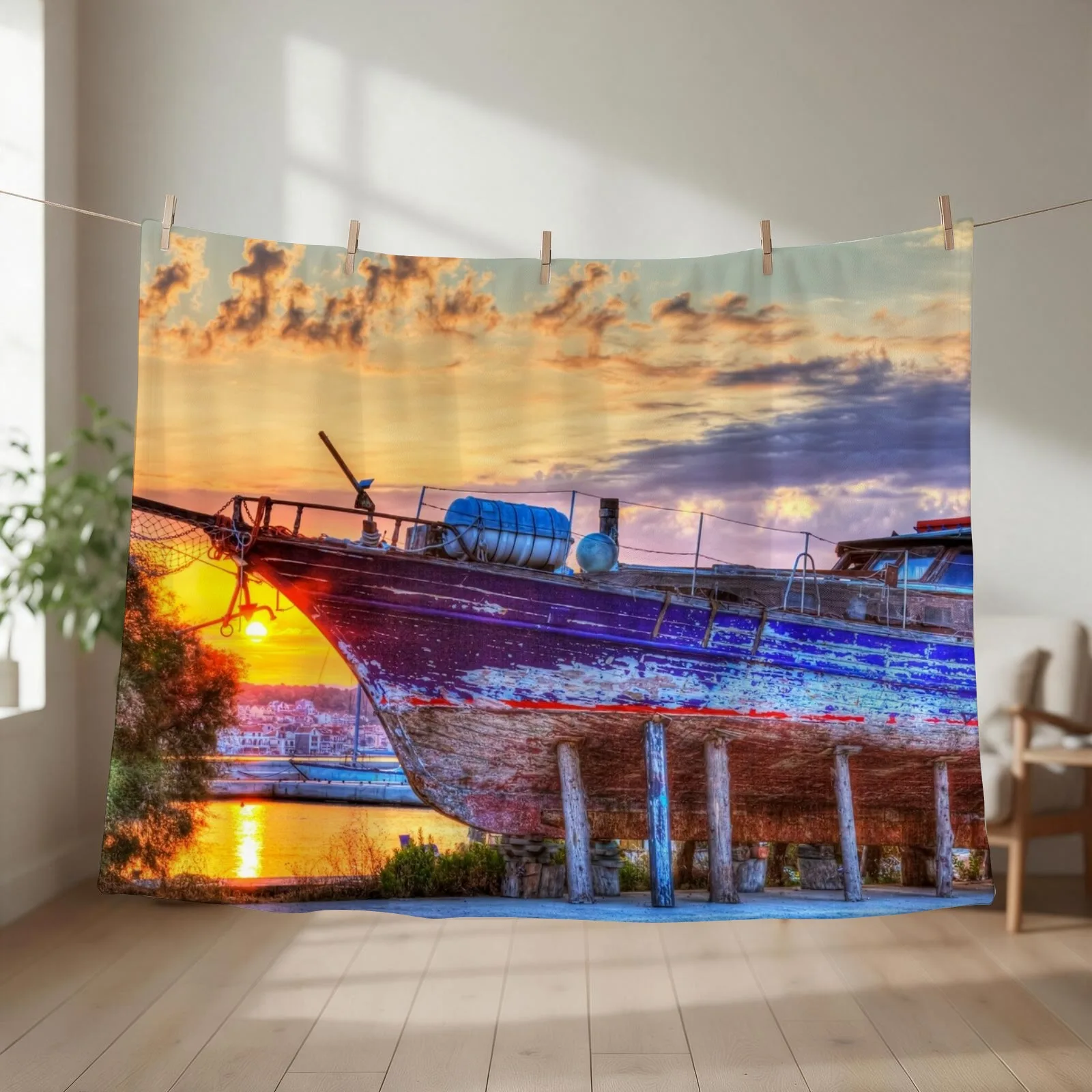 Kefalonia, Greek Shipyard Sunset Throw Blanket Luxury Throw Thermal Softest Designers Blankets