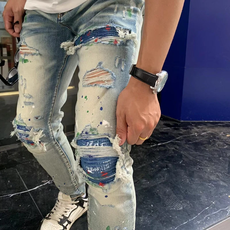 

y2kStreet fashion men's retro light blue jeans elastic tight split painted jeans men's patchwork hip-hop brand pants HombreY2K