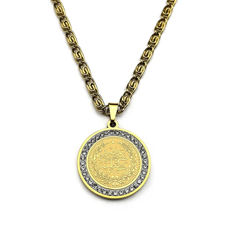 Allah Muslim Islam Quran Medal Necklace for Women Men Rhinestone Stainless Steel Gold/Silver Color Arabic Blessing Chain Jewelry