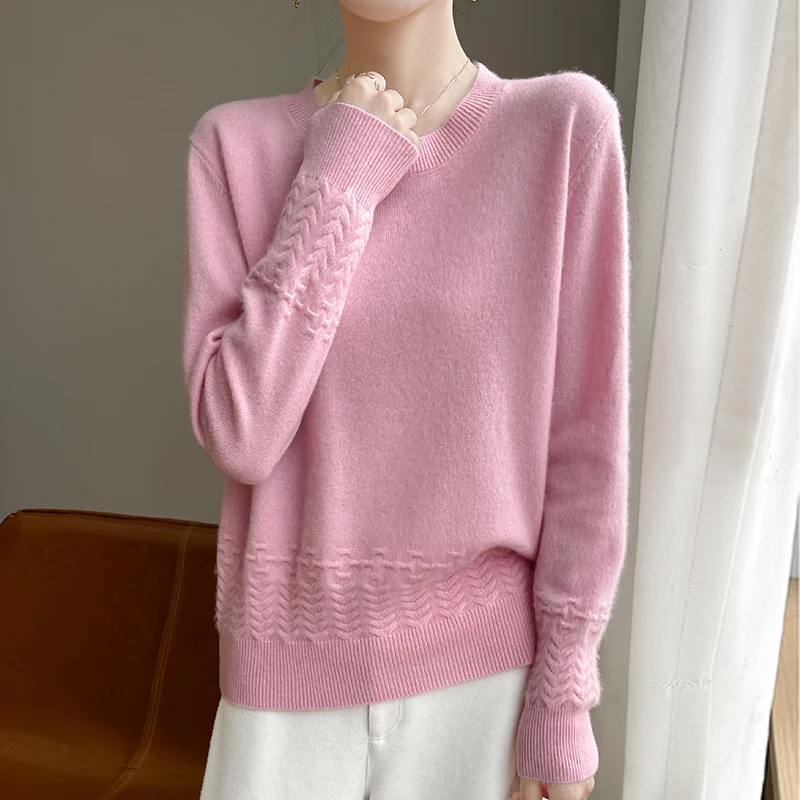 Autumn and Winter round Neck Wave Pattern Women's Woolen Sweater 100% Pure Wool Warm Sweater Casual and Comfortable Pullover