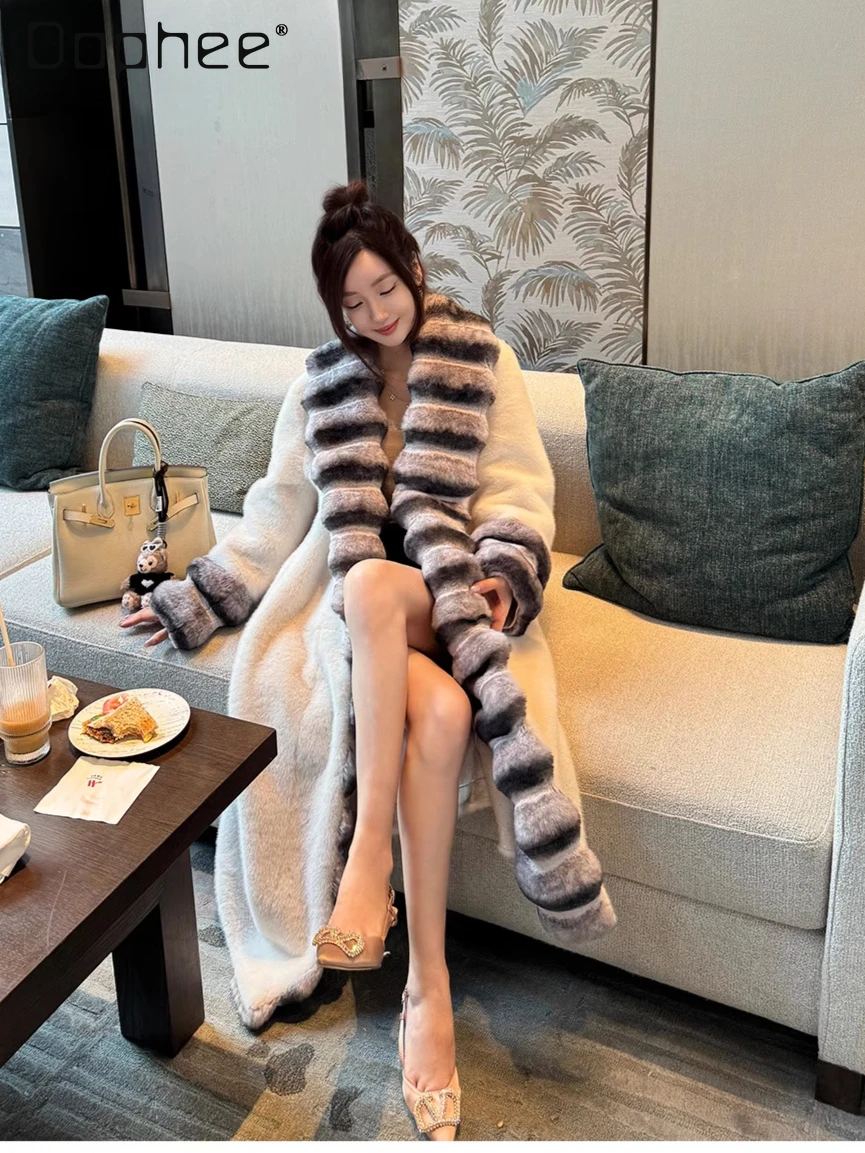 Striped Splicing Color Mid-length Fur Integrated Coat Women High-end Environmentally Friendly Fur Mink Fur Coat Thickened Trendy