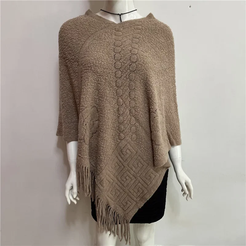 Spring Sweater Pullover Sweater Women Outer V-neck Shawl Cloak Solid Color Korean Tassel Cloak Coffee