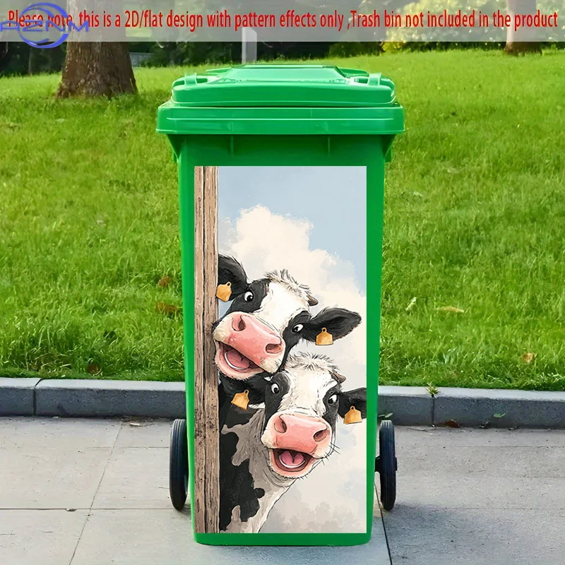 2D Flat Printing 1pc 2D Pattern Printed Kitchen Trash Can Sticker, 37x82cm, Cute Cow Peeking and Smiling Theme, Kitchen Home D