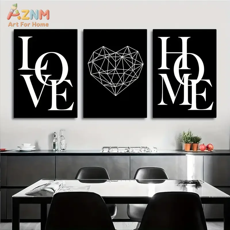 3pcsAZNM Black White LOVE HOME Geometric Heart Line Art Canvas Wall Art Minimal Modern Typography Abstract Giclee Print Unframed