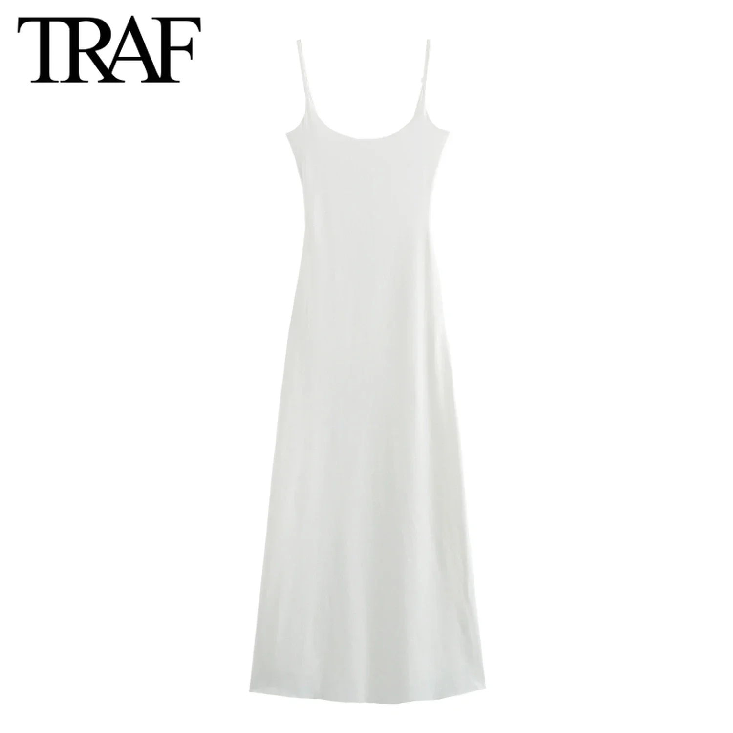 TRAF Women Fashion Summer New Sleeveless Backless O-Neck Fine Sling Long Dress Chic Female French Elegance Evening