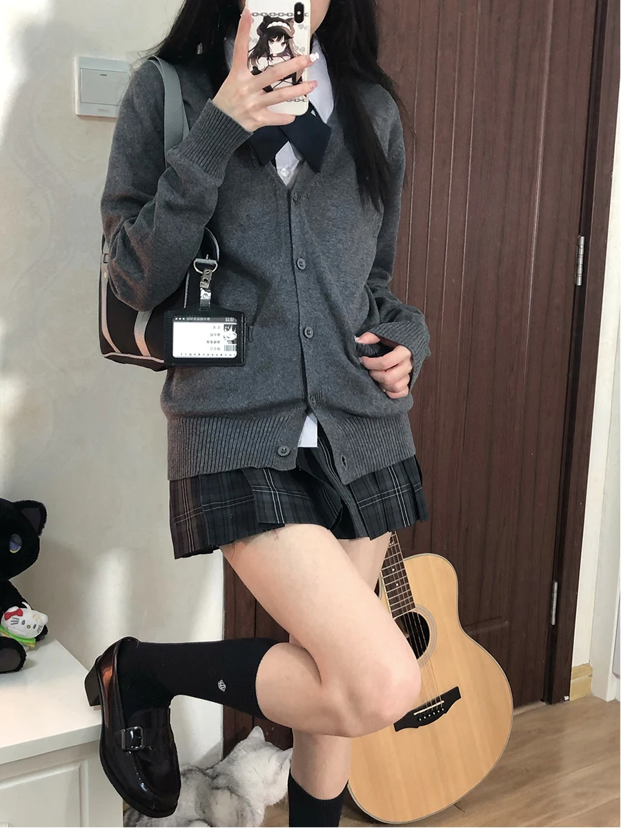 Original Japanese Style College Fashion Loose Women's Pure Color Knitted Sweater Cherry Blossom JK Uniform Inspired Open Card...