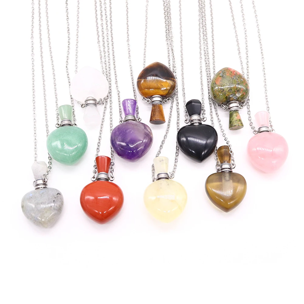 Perfume Bottle Crystal Pendant Necklace Love Heart Stainless Steel Chain Rose Quartz Charm Women's Fashion Jewelry Necklace Gift