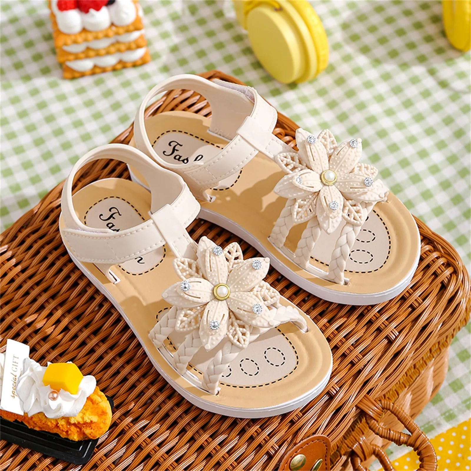 Sandalias de verano para niños, zapatos planos informales, suaves, antideslizantes, flor Rosa, con botones a presión