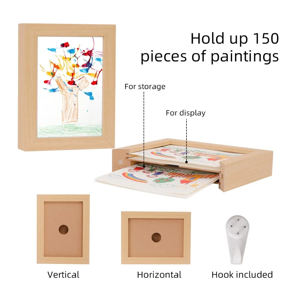 Wall Decoration Wooden Kids Art Frame Changeable Rotatable Cards Display Holder Family Portraits Memorial Photo Frame for Kids