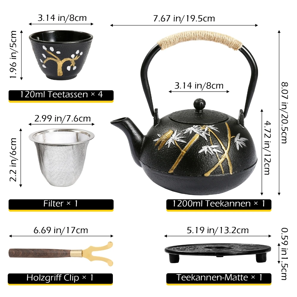 1200ml Antique Cast Iron Teapot with 4 Cups Home Health Iron Kettle for Charcoal Stove, Induction Cooker, Electric Pottery Stove