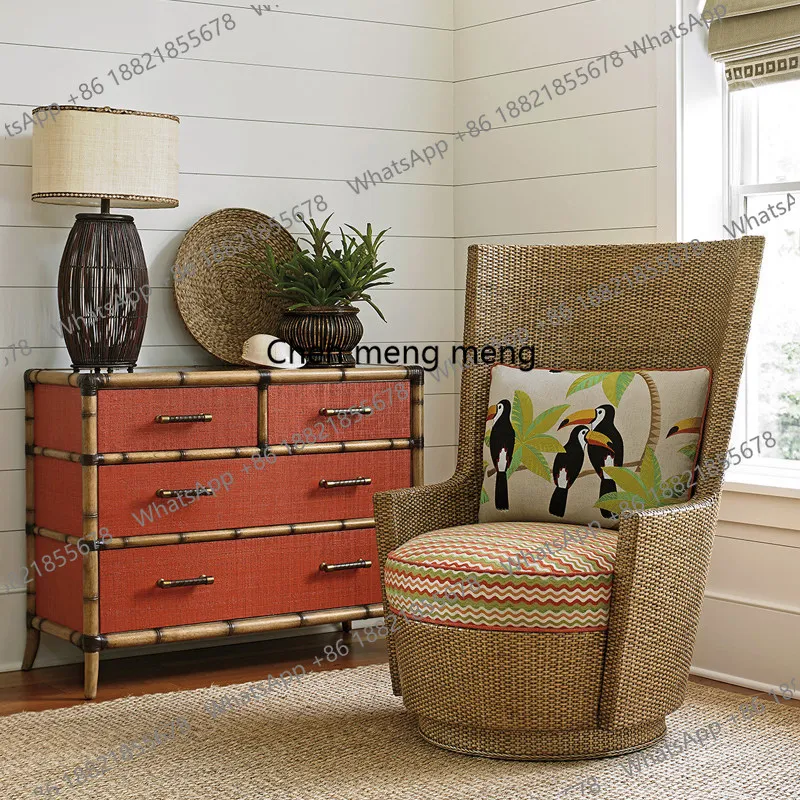 American rattan bamboo bed and breakfast tropical American solid wood chest South East Asia old carved storage cabinet