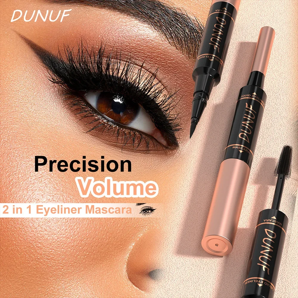 DUNUF Mascara e eyeliner 2 in 1 a lunga durata, impermeabile, resistente al sudore, a prova di sbavature, riccioli e volume lunghi