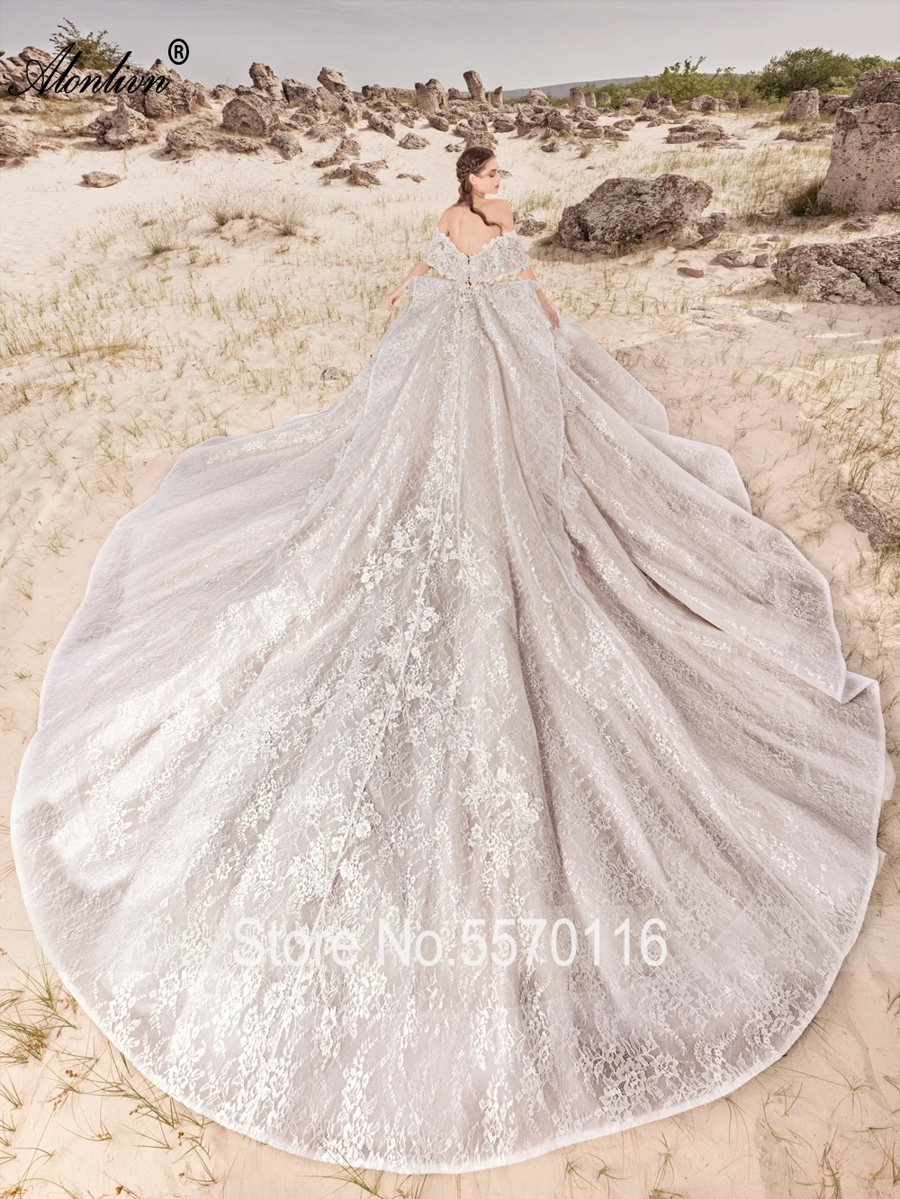 Alonlivn encantador encaje sin tirantes Puff vestido de baile vestido de Boda de Princesa Novias mangas con hombros descubiertos vestidos de novia de cola catedral