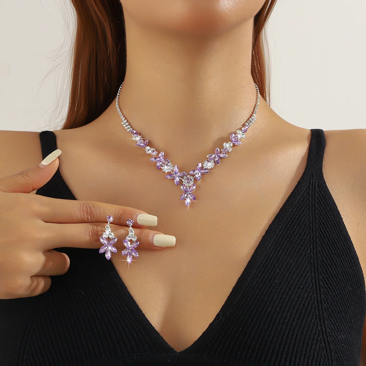 

Elegant Purple Flower Crystal Jewelry Set for Women, Sparkling Rhinestone Necklace and Earrings, Bridal Wedding Party Gift