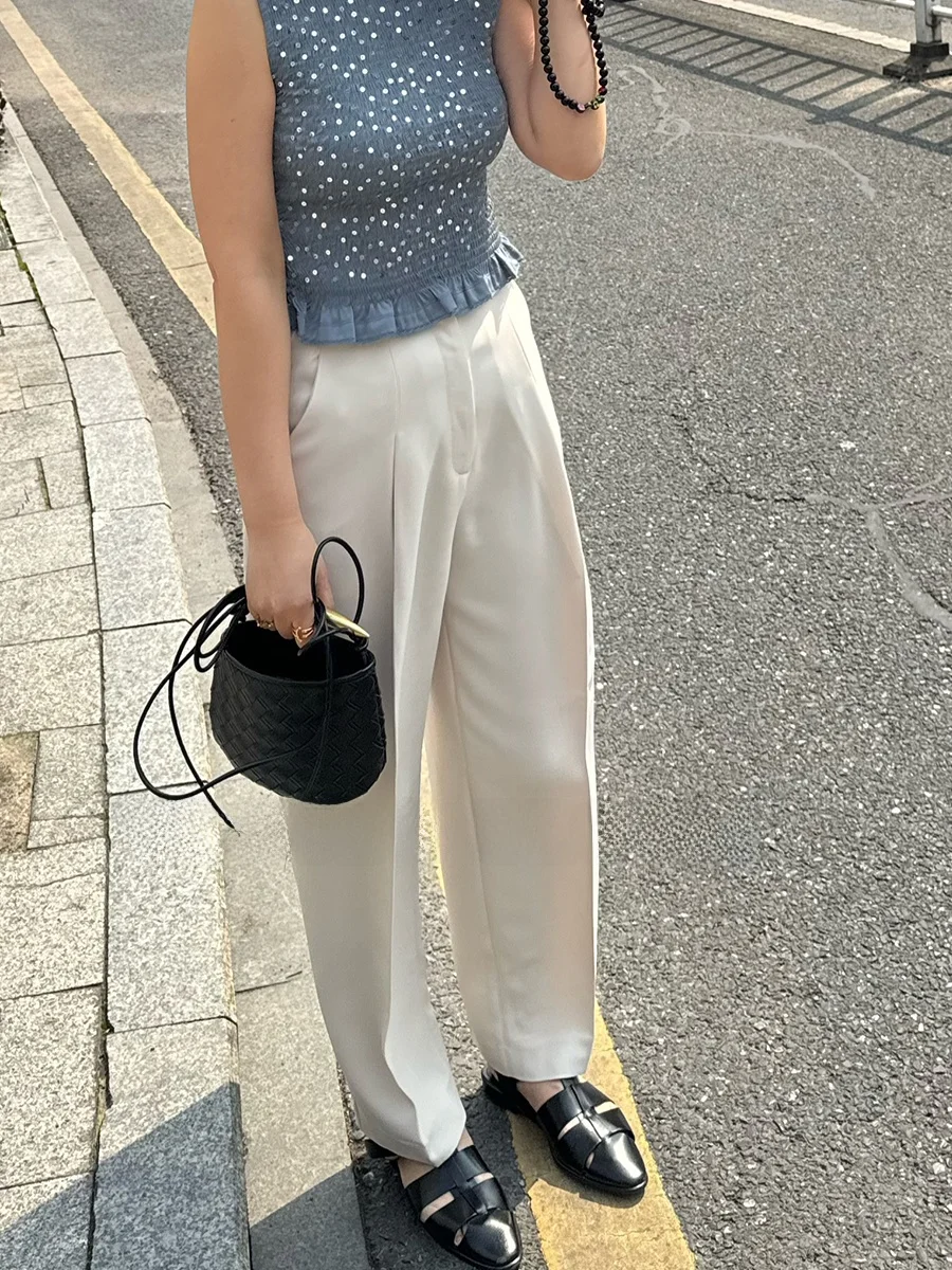 

Minimalist Design Wide Leg White Trousers for Women Spring Summer Fashionable Elegant Long Pants Ladies Suit Pants