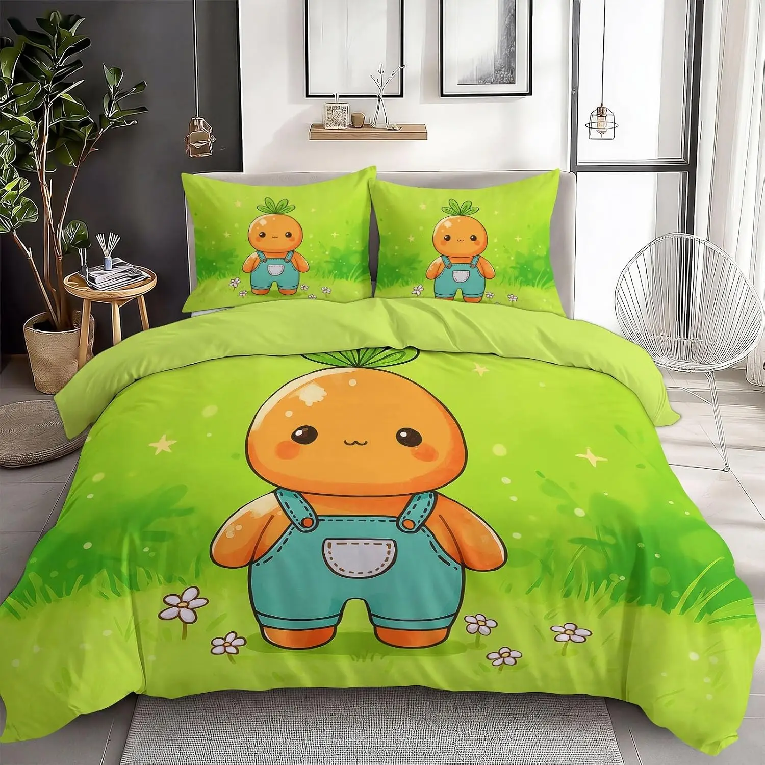 Cartoon Overalls Orange Man Duvet Cover Set Cot Bed 120x150cm With 1 Pillowcase Yellow Green Reversible Bed