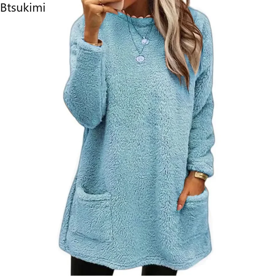 New 2026 Women\'s Half-high Collar Sweatshirts Autumn Winter Plush Warm Casual Pocket Tops Female Fleece Hoodies Thermal Sweaters