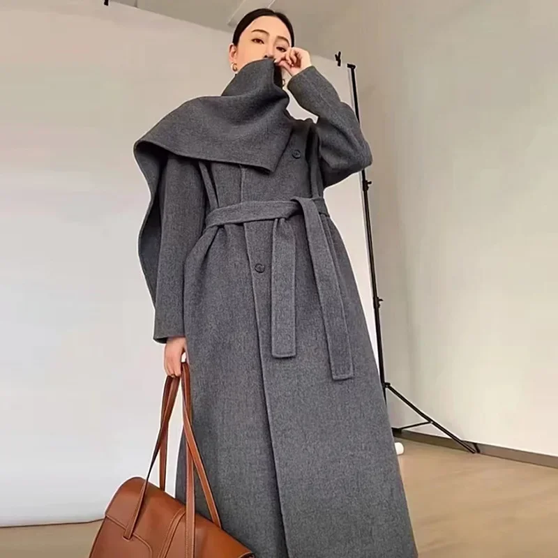 New Hand-sewn Cashmere Wool Coat Women New Mid-length Big Scarf Collar Loose Lace-up Warm Double-sided Wool Coat Fashion Winter