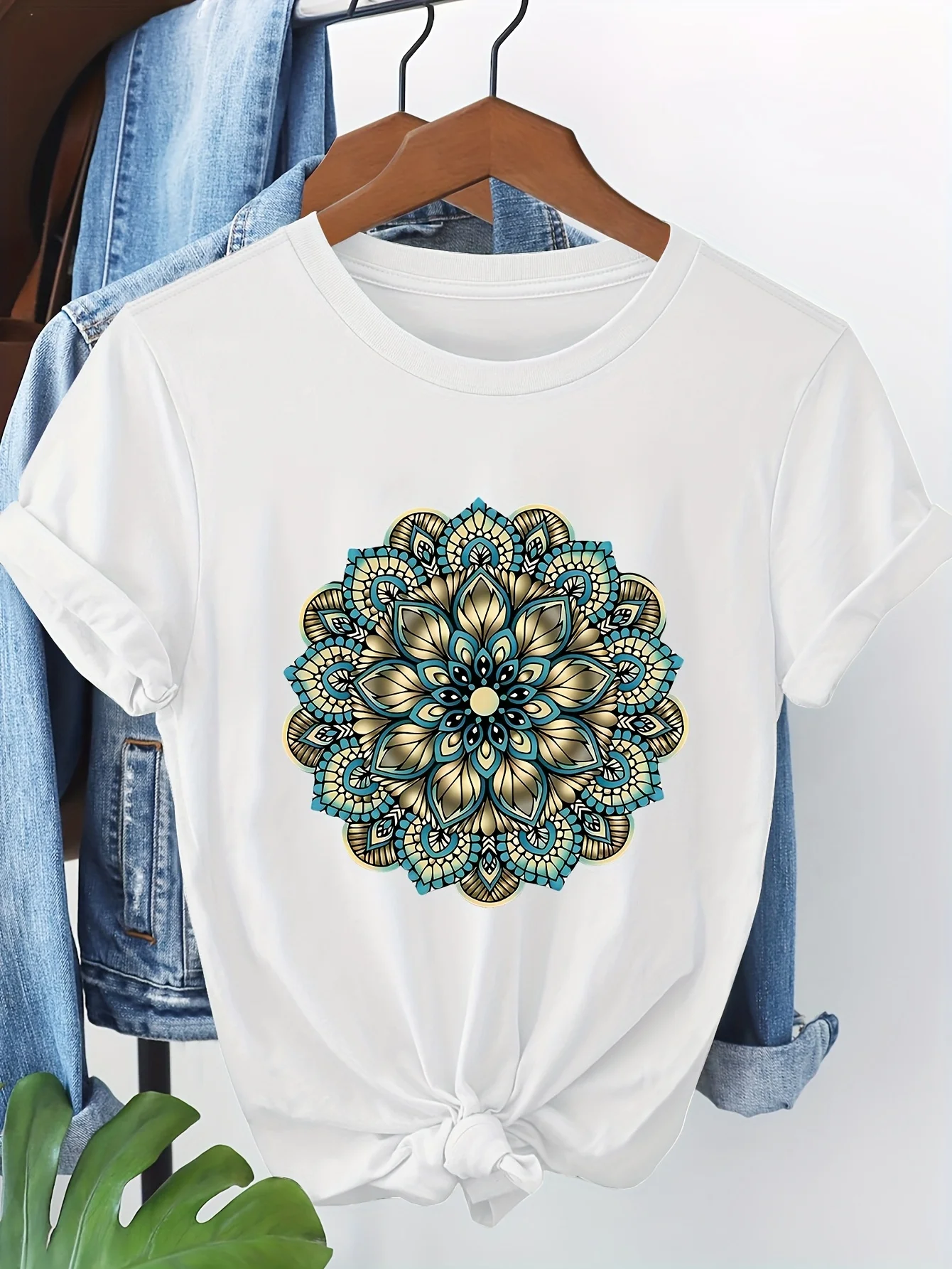 Women's Floral Mandala T-Shirt - Dark Green with Teal Golden Accents Breathable Everyday Casual Top Spring Aesthetic Clothes