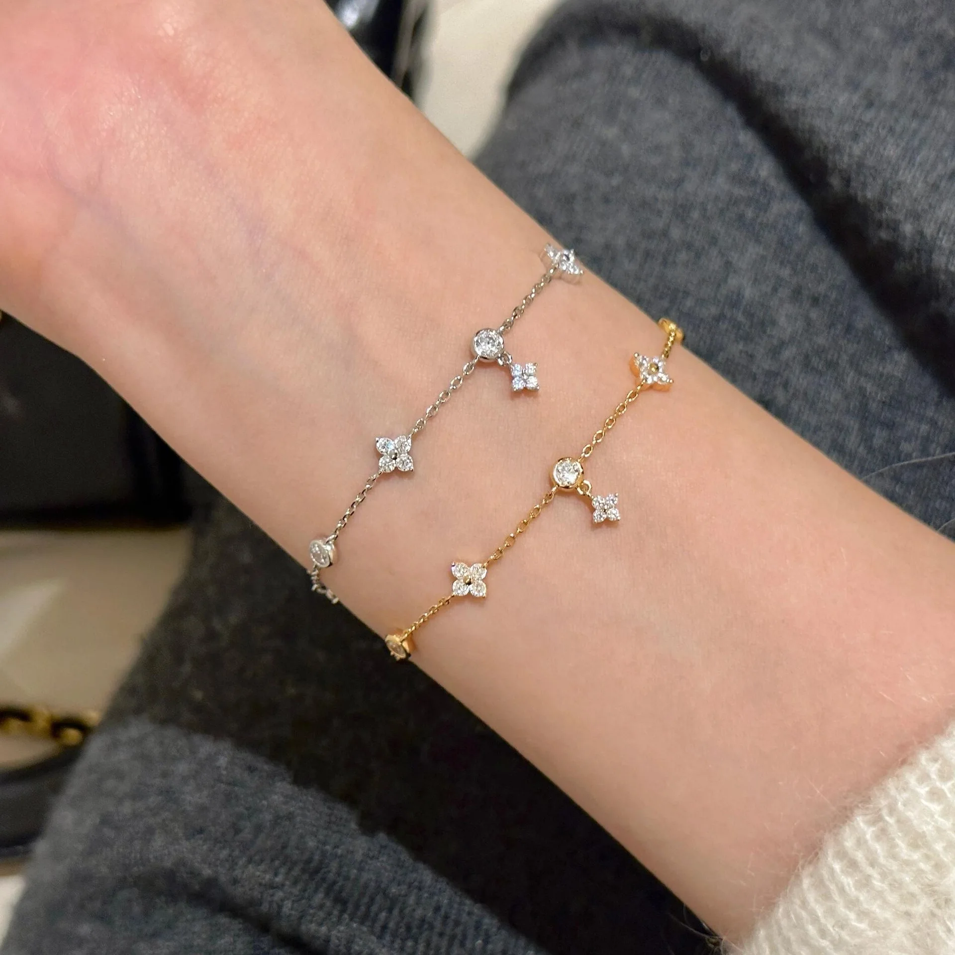 

EUREKA S925 Стерлингового Серебра Циркон Четырехлистный Клевер Браслет для Женщин Французский Стиль Высококачественные Позолоченные Ювелирные Изделия Пять Цветов