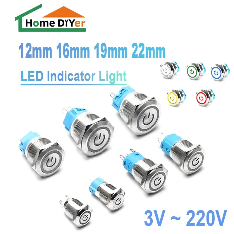 12/16/19/22mm Waterproof Metal Push Button Switch 1PCS  LED Light Momentary Latching Car Engine Power Switch 3V 6V 12V 24V 220V