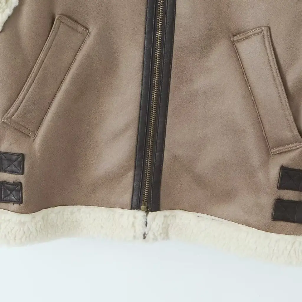 เสื้อกั๊กขนสัตว์ผู้หญิงสำหรับฤดูใบไม้ร่วงและฤดูหนาว สไตล์อเมริกันย้อนยุค ขนแกะ ทรงหลวม ซิปหนังกลับ เสื้อโค้ทหนา เสื้อแจ็คเก็ต