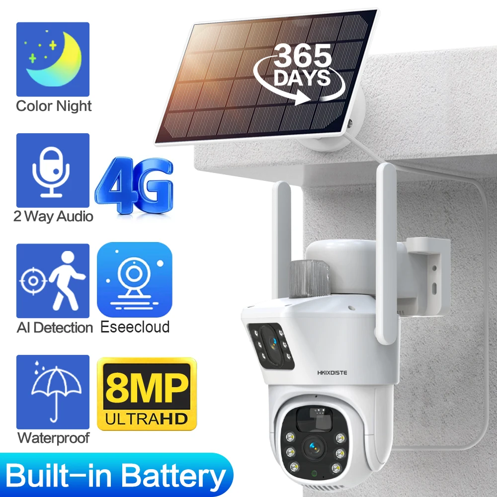 

4G Solar Wireless PTZ Camera 8MP 4K Outdoor Low Powered Video Cam Color Night Vision 2 Way Audio CCTV IP Camara with Solar Panel