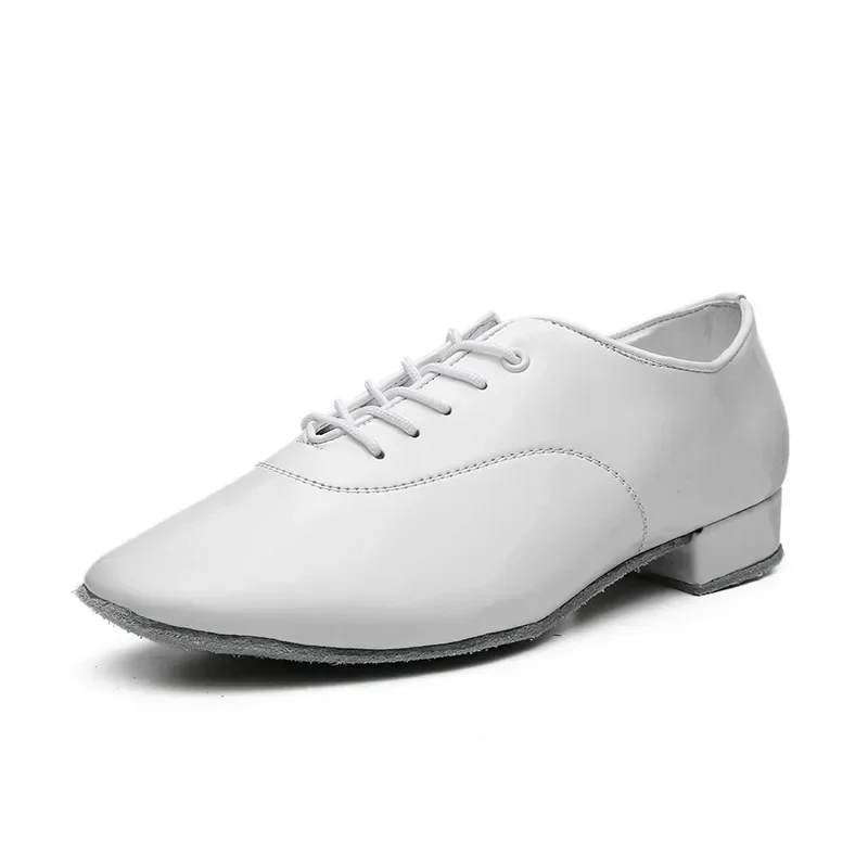 Men Latin Dance Shoes Professional Modern Tango Salsa Leather Ballroom Shoes Square Low Heels Man Sneaker Jazz Back White Color