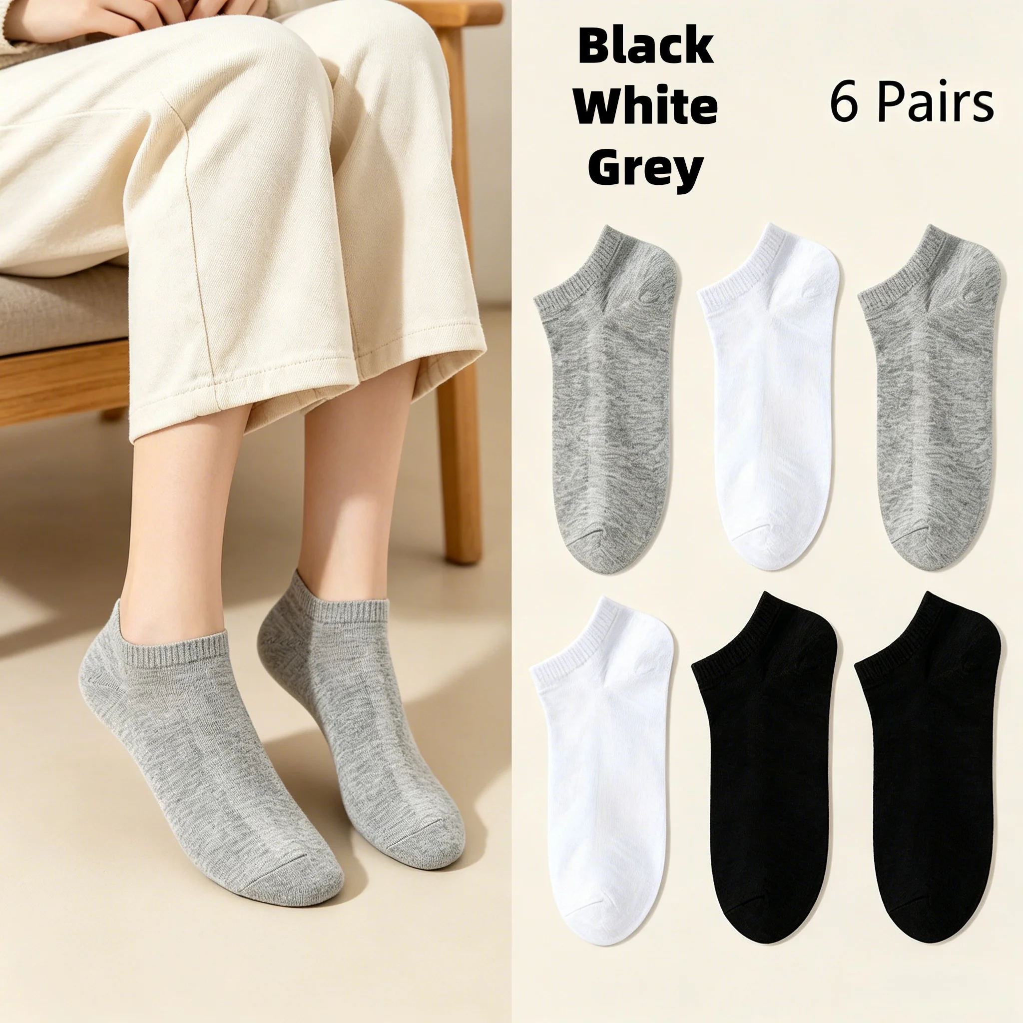 6 Paar Einweg-Reise-Knöchelsocken, Schwarz Weiß Grau Einfarbig Atmungsaktive Kurzsocken, Schweißabsorbierend Rutschfest Unisex Tägliche Sportsocken
