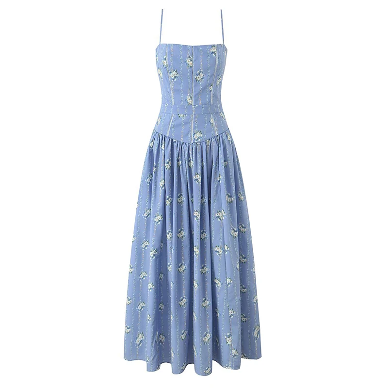 

Jastie New Women Floral Print Sexy Sling Long Dresses Low Waist A-line Summer Elegant Dress Chic Lady Vacation Party Robe