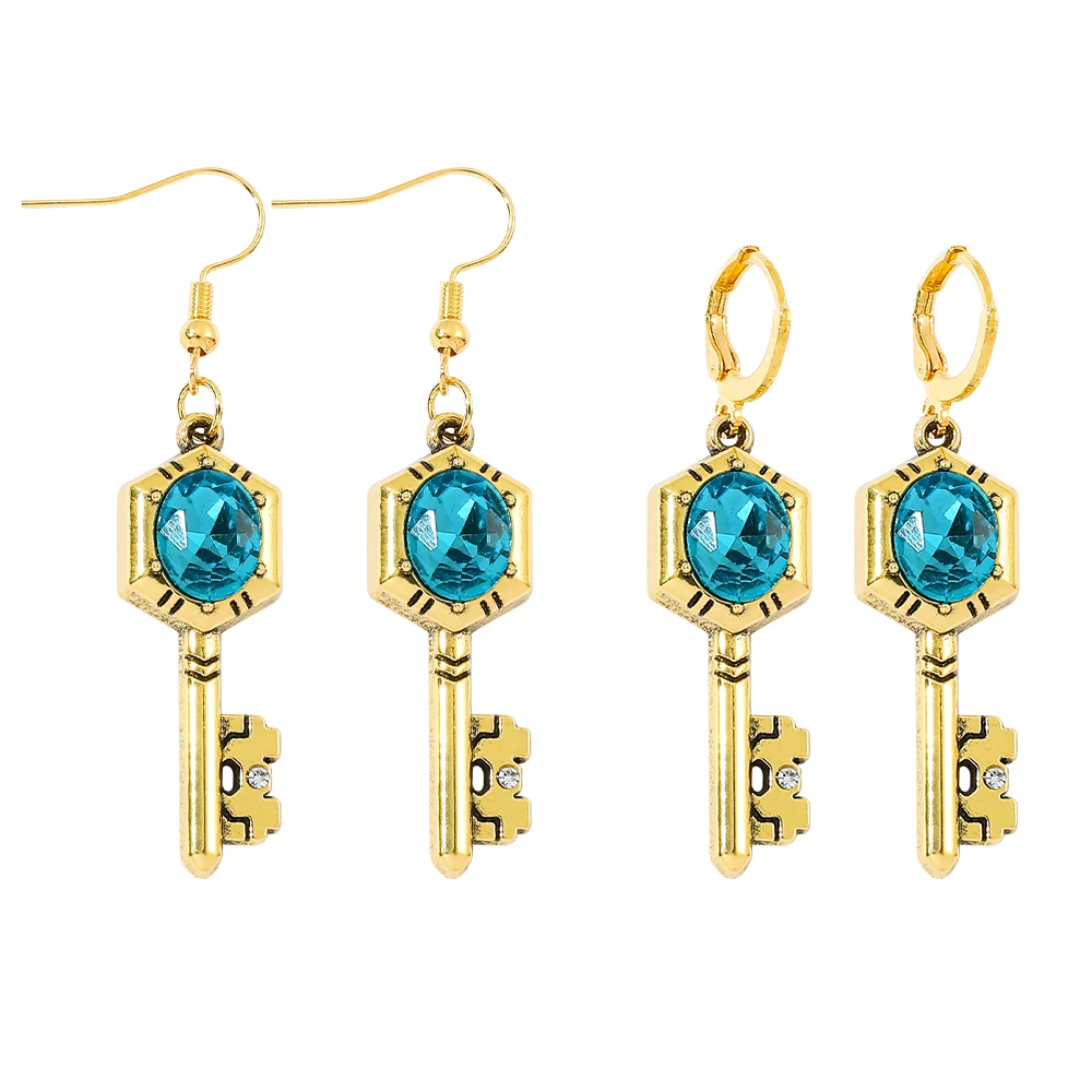 Colgante de llave de cristal facetado azul, pendientes colgantes de llave vintage, accesorios de cosplay con gancho retro para mujer.