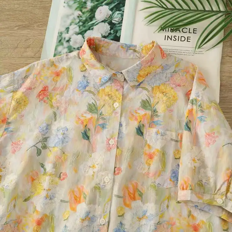 

Harajuku fashion pure cotton oil painting oversize shirt for women summer short sleeve Hawaiian shirt Japanese vintage clothes