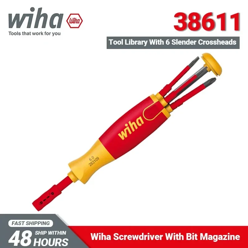 Wiha 38611 6-In-1 1000V Insulated Electrician Screwdriver with Bit Magazine LiftUp Screwdriver with 6 SlimBits 166 Grams