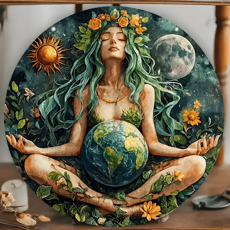 Gaia Goddess Earth Mother Circular Iron Wall Art, Flat Printed Hanging Decor for Home, Bars, Garages,  Restaurants, and Cafes