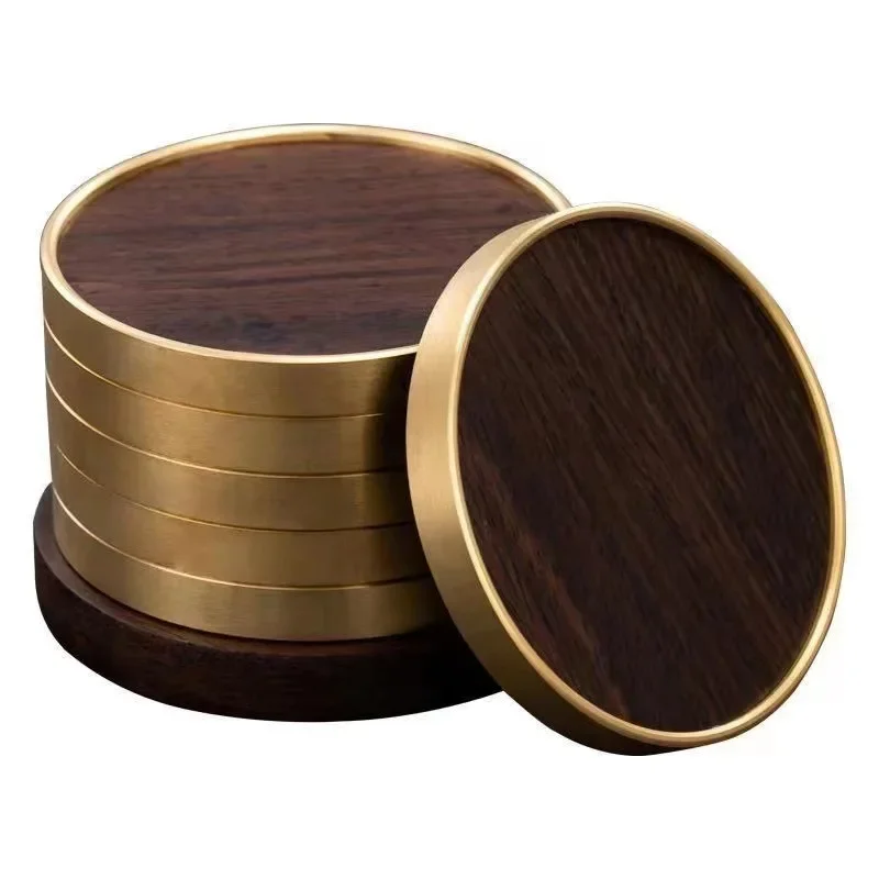 المنزل الحلي الأبنوس قاعدة أكواب من الخشب الصلب عدم الانزلاق مقاومة للحرارة فنجان شاي حامل مكافحة السمط النحاس الخشب حصيرة مستديرة مكتب #4