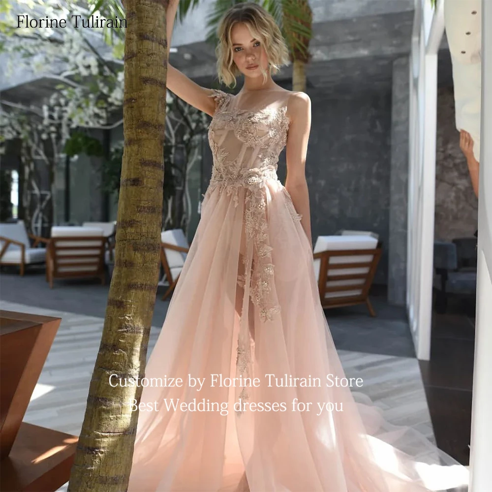 

Bespoke Robe De Mariée with Sexy Illusion One Shoulder Appliques Elegant A-Line Floor-Length Pink Wedding Dresses for Brides