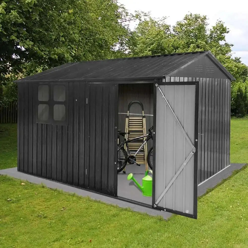 10X8 FT Outdoor Storage Window, Large Garden Shed With Updated Frame Structure And Lockable Doors, Metal Tool Sheds