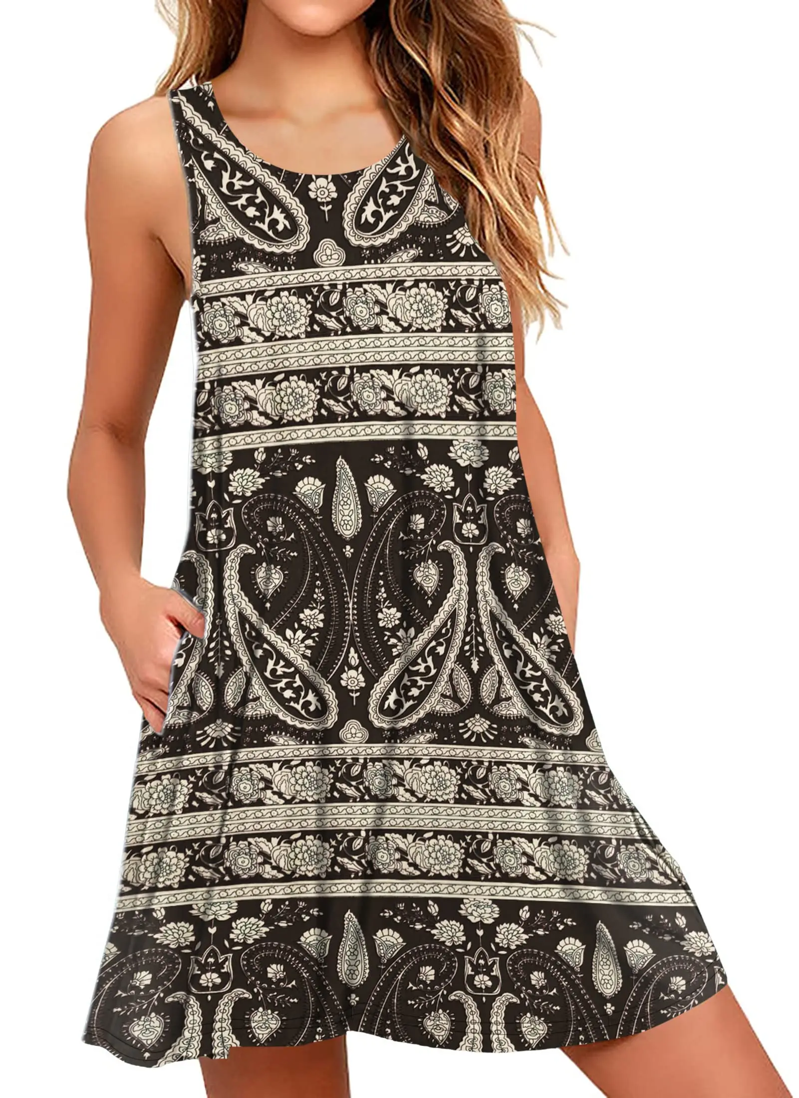 Damska sukienka bez rękawów z kieszeniami Bohemian Print Casual Dress Modna, luźna, temperamentna, modna sukienka midi bez rękawów