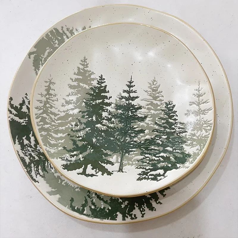 

Green Mist Forest Series Irregular Ceramic Dish Plate Western Steak Plate Drain Basin Tableware Home Breakfast Nordic Cuisine