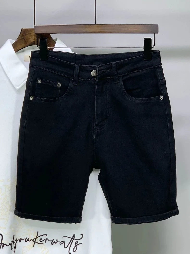 New Summer Fashion Solid Color Retro Straight Leg Stretch Black Jeans Men's Casual Loose Sports High Quality Denim Shorts