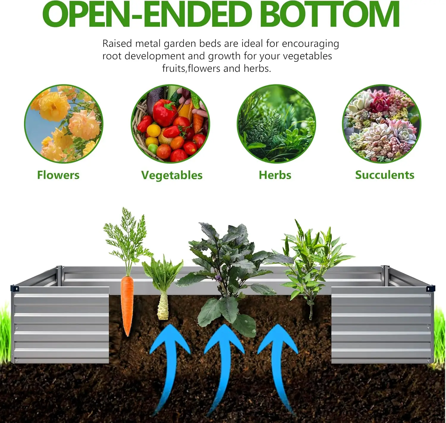 Outdoor Gardening Galvanized Metal Planter Boxes in Silver, 2PCS Set, 12x3x1ft for Vegetables