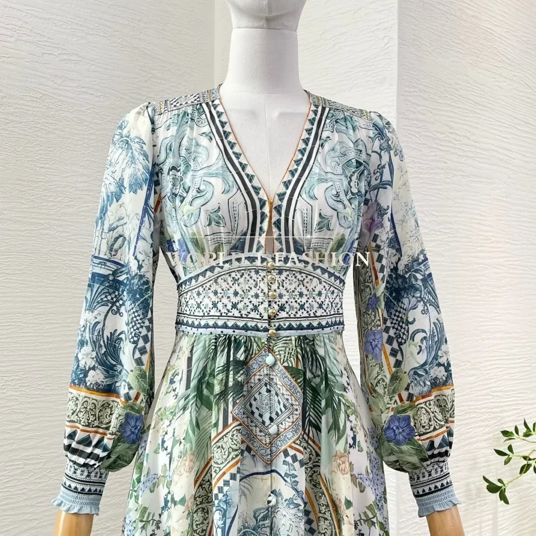 Vestido midi con cuello en V plisado y manga larga con estampado floral azul de alta calidad