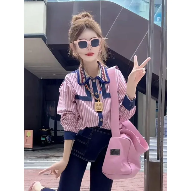 

2025 New Autumn Style Heavy Industry Printed Lapel Fashionable Striped Stitching Contrasting Design Long-sleeved Shirt for Women