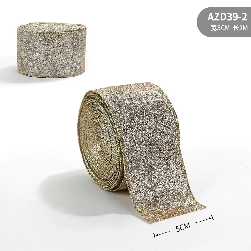 Christmas Wire Ribbon Width3.8cm/5cm/6.3cm Christmas Wire Cuffed Ribbon Gold Powder Decorative Bow Length 2m For Gift Wrapping