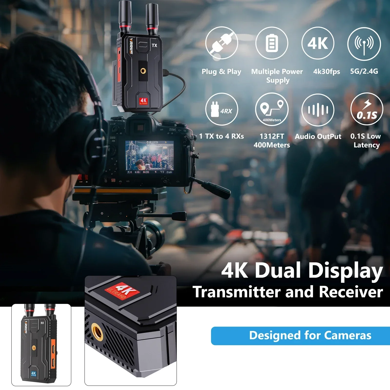 

2026 New 4K 400M/1300FT DUAL Outputs Wireless Video Transmitter And Receiver For Outdoor Events Football Live Streaming Indoor P