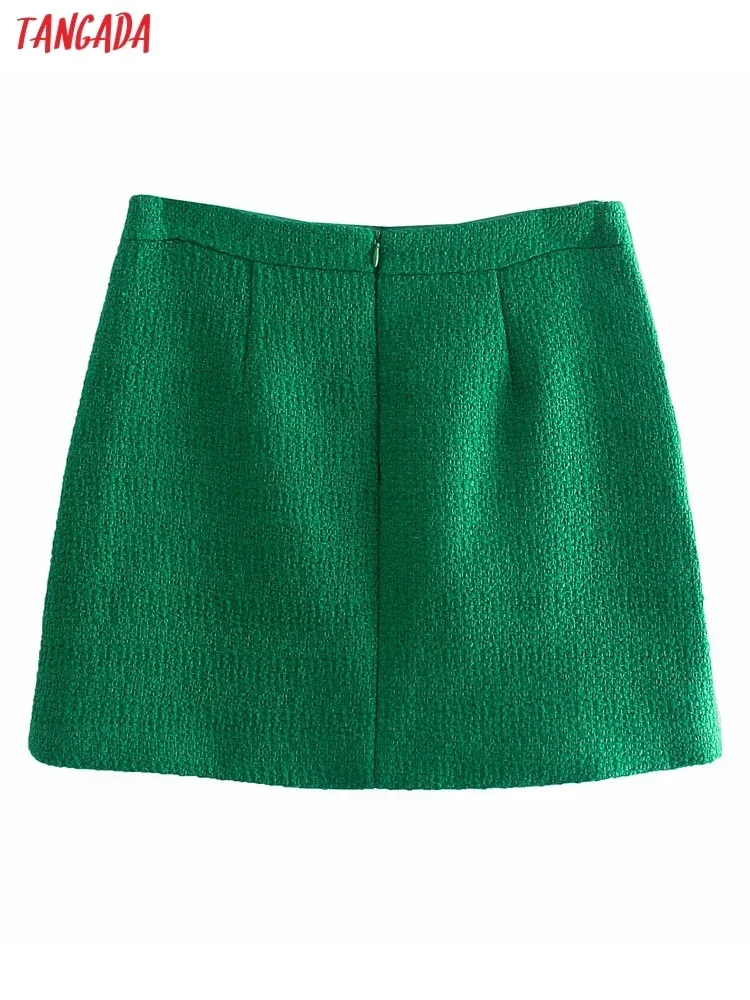 Tangada 2021 Women Green Tweed Skirts Faldas Mujer Zipper French Style Female Mini Skirt 8Y195