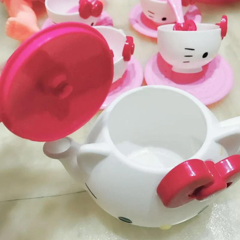 Hello Kittyes Miniatures Figurines Mini Baby Teapot Tea Set Children Play House Series for Kids Gift