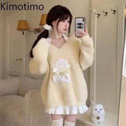 Kimotimo Autumn Winter Kawaii Sweater Women Cute Cartoon Embroidery V Neck Loose Knitted Pullover Japan Y2k Lolita Knitwear Tops