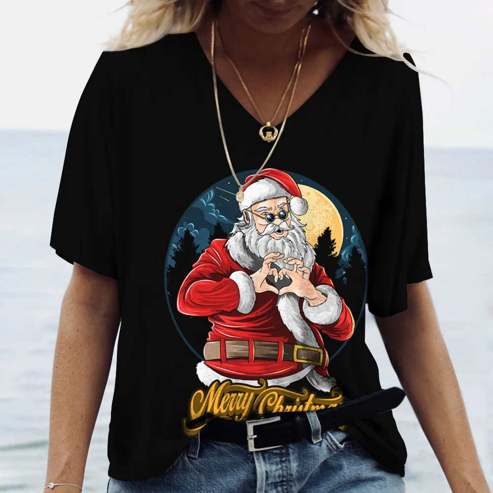 Merry Christmas Women's Short sleeved V-neck T-shirt Christmas Tree Santa Claus Letter Print Simple Trendy Trend Women Clothing