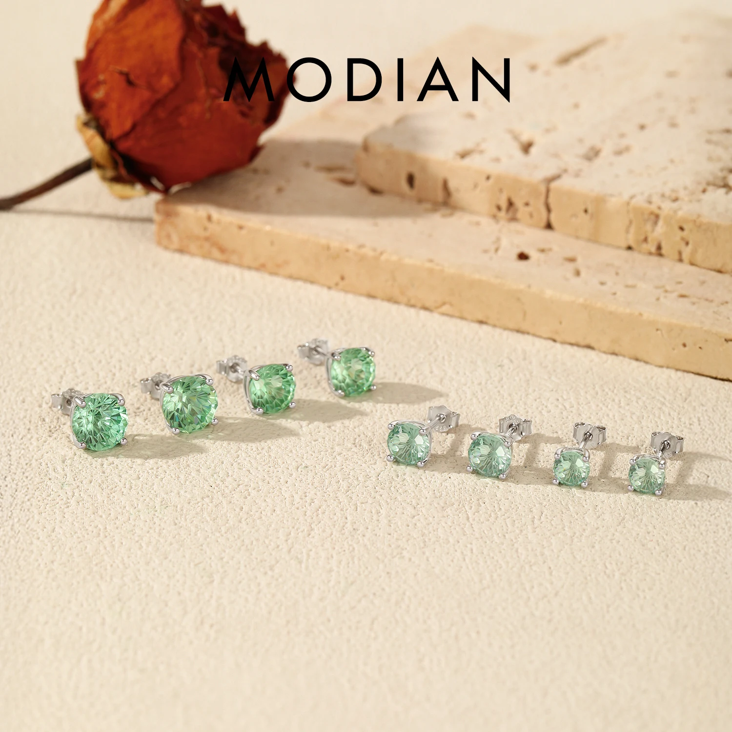 

MODIAN 925 Sterling Silver Multiple Sizes Round Firework Cut Paraiba Color CZ Unisex Studs Earrings For Women Fine Jewelry
